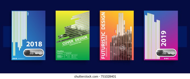 Covers, flat geometric patterns. Template, Annual report 2018, 2019, Set. Modern futuristic design, white stripes. Abstract colored background. Photo, city, banner, poster.Gradient.Vector A4 format
