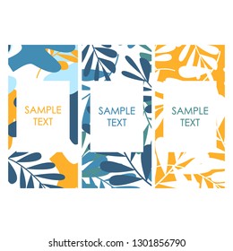 Covers with flat tropical palm leaves pattern. Modern exotic jungle contemporary card. Vector illustration
