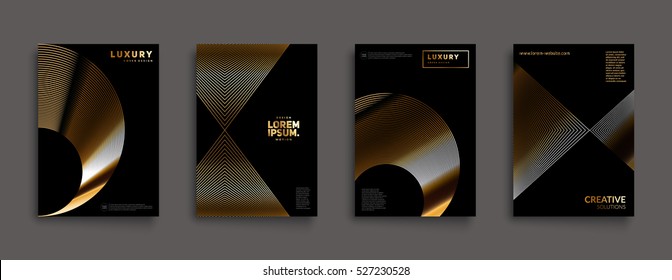 Covers with gold linear shapes. Applicable for Banners, Placards, Posters, Flyers and Banner Designs. Eps10 vector template.