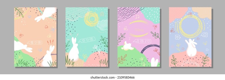 Covers hand drawn doodle set with rabbits