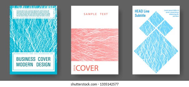 Covers with headline sample text. Blue, teal and coral color waves texture. Buzzing flux ripple movement background.