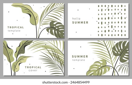 Portadas o carteles Horizontales con hojas tropicales para identidad corporativa, anuncios, promociones. Diseño de diseño Plantillas verano cubiertas brillantes. Ilustración vectorial