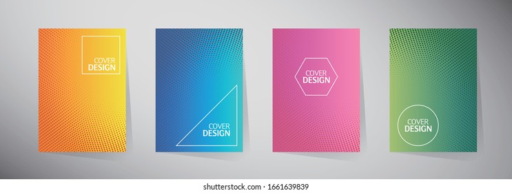Covers with minimal design. Abstract backgrounds. Colorful halftone gradients. Background geometric patterns. Vector template brochures, flyers, presentations, leaflet, magazine a4 size.