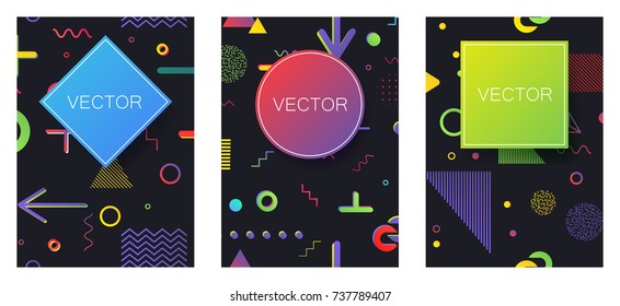 Covers with minimal design. Memphis geometric backgrounds. Banners, Placards, Posters, Flyers in retro 80s, 90s style. Eps10 vector.