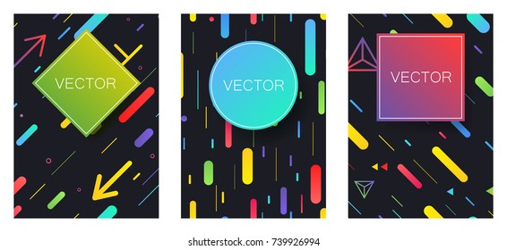 Covers with minimal design. Memphis geometric backgrounds. Banners, Placards, Posters, Flyers in retro 80s, 90s style. Eps10 vector.