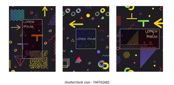 Covers with minimal design. Memphis geometric backgrounds. Banners, Placards, Posters, Flyers in retro 80s, 90s style. Eps10 vector.