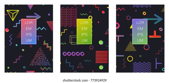 Covers with minimal design. Memphis geometric backgrounds. Banners, Placards, Posters, Flyers in retro 80s, 90s style. Eps10 vector.