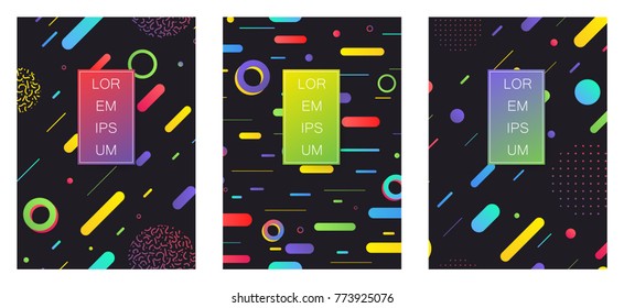 Covers with minimal design. Memphis geometric backgrounds. Banners, Placards, Posters, Flyers in retro 80s, 90s style. Eps10 vector.