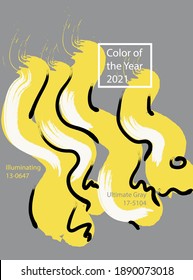 Cuadros de ilustraciones minimalistas dibujadas a mano de formas abstractas en gris y amarillo. Colores de moda de 2021