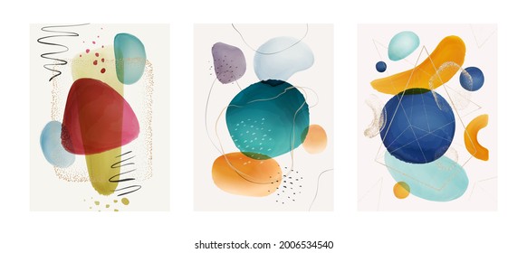 Covers and pages designs with abstract watercolor compositions, blobs and brushes. Gold and glitter shapes on posters or postcards. Minimalist cards, trendy and contemporary. Flat cartoon vector