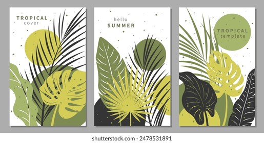 Covers or posters with tropical leaves for corporate identity, ads, promo. Layout design templates summer bright covers. Vector illustration