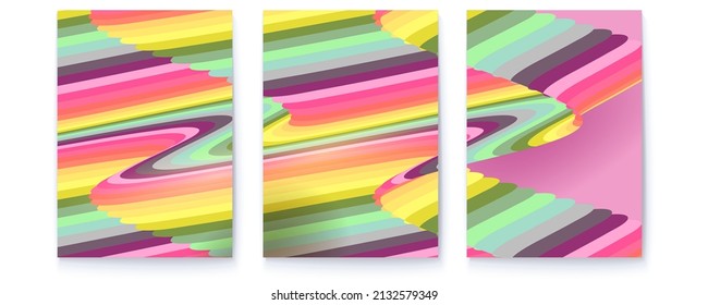 Covers with psychedelic pattern. Set of abstract posters. Colorful stripes in vintage colors. Vector illustration.