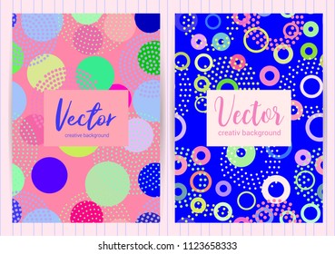 Covers with random, chaotic, scattered circles. Colorful geometric vector backgrounds.