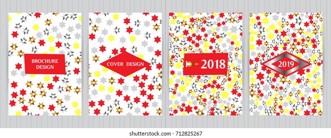 Covers with random, chaotic stars, hexagram elements. Vector backgrounds for restaurant menu, flyer, business card, brochure, book cover, banner, placard etc. 