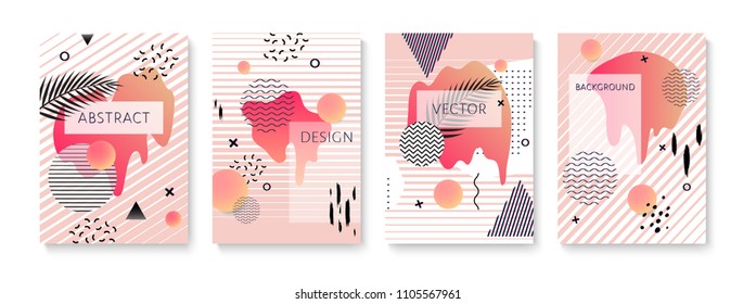 Covers set with fluid shapes, memphis and glitch elements. Vector template for placards, banners, flyers and presentations. EPS 10 illustration.