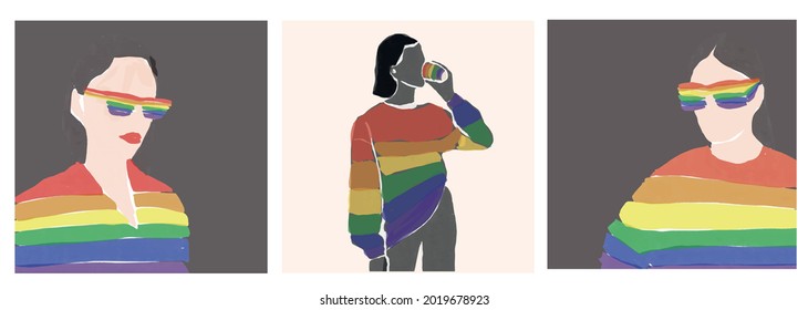 Covers set with trendy woman in sunglasses and clothes with lgbt rainbow colors. Hand drawn art. 