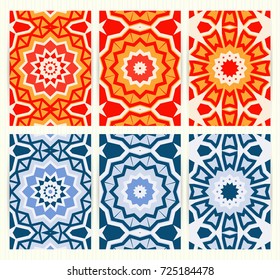 Covers with symmetric, round ethnic design. Bright colorful templates set. Vector backgrounds for restaurant menu, flyer, business card, brochure, banner, placard etc.