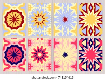 Covers with symmetric, round ethnic design. Bright colorful templates set. Vector backgrounds for restaurant menu, flyer, business card, brochure, banner, placard etc.