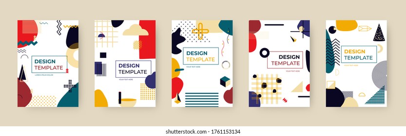 Covers templates in memphis style set. Backgrounds with different geometric shapes, trendy elements.Text box. Pattern design great for magazine, cover posters, billboards, banners. Vector illustration
