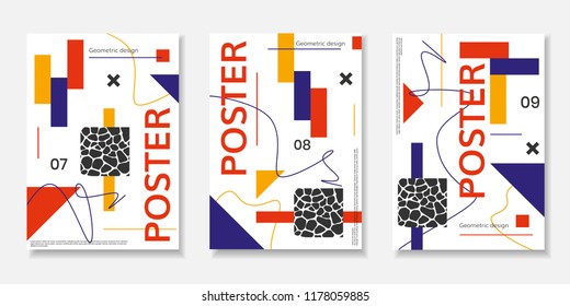 Covers templates set with abstract shapes, bauhaus, memphis and other graphic geometric elements. Applicable for placards, brochures, posters, covers and banners. Vector illustrations.