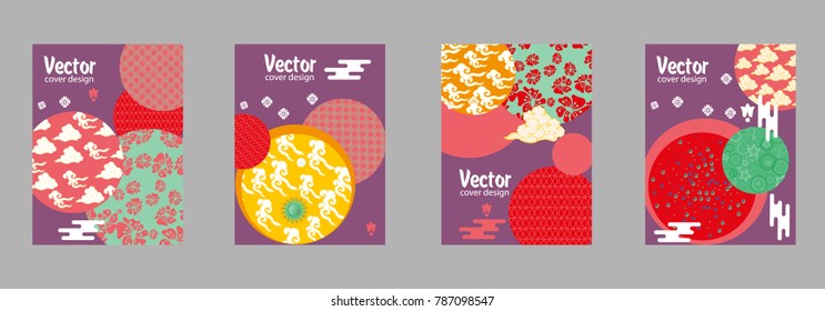 Covers templates set with Asian Clouds and Patterns in Modern Style, geometric ornate shapes. Applicable for placards, brochures, posters, covers and banners.
