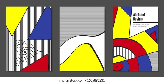 Covers Templates Set with Bauhaus and Graphic Geometric Elements. Placards Set with Handwritten Wavy Stripes, Triangles and Abstract Vector Shapes. Applicable for Brochures, Posters, Magazine, Layout.