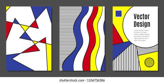 Covers Templates Set with Bauhaus and Graphic Geometric Elements. Placards Set with Handwritten Wavy Stripes, Triangles and Abstract Vector Shapes. Applicable for Brochures, Posters, Magazine, Layout.