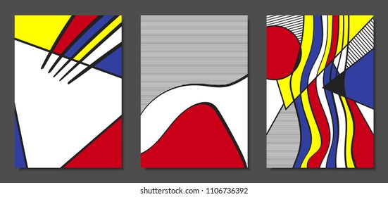 Covers Templates Set with Bauhaus and Graphic Geometric Elements. Placards Set with Handwritten Wavy Stripes, Triangles and Abstract Vector Shapes. Applicable for Brochures, Posters, Magazine, Layout.