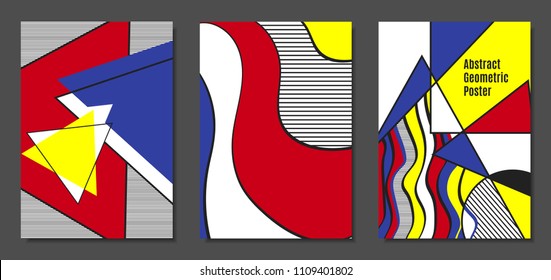 Covers Templates Set with Bauhaus and Graphic Geometric Elements. Placards Set with Handwritten Wavy Stripes, Triangles and Abstract Vector Shapes. Applicable for Brochures, Posters, Magazine, Layout.