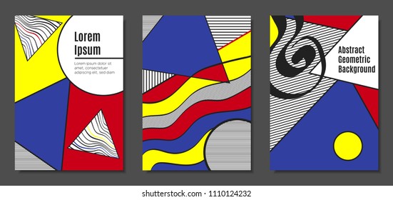Covers Templates Set with Bauhaus and Graphic Geometric Elements. Placards Set with Handwritten Wavy Stripes, Triangles and Abstract Vector Shapes. Applicable for Brochures, Posters, Magazine, Layout.