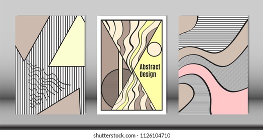 Covers Templates Set with Bauhaus and Graphic Geometric Elements. Placards Set with Handwritten Wavy Stripes, Triangles and Abstract Vector Shapes. Applicable for Brochures, Posters, Magazine, Layout.