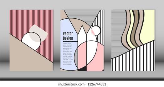 Covers Templates Set with Bauhaus and Graphic Geometric Elements. Placards Set with Handwritten Wavy Stripes, Triangles and Abstract Vector Shapes. Applicable for Brochures, Posters, Magazine, Layout.
