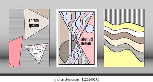 Covers Templates Set with Bauhaus and Graphic Geometric Elements. Placards Set with Handwritten Wavy Stripes, Triangles and Abstract Vector Shapes. Applicable for Brochures, Posters, Magazine, Layout.
