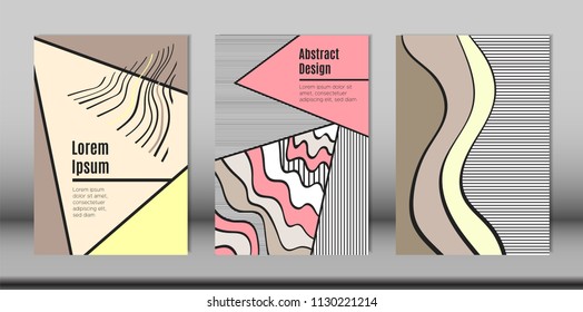 Covers Templates Set with Bauhaus and Graphic Geometric Elements. Placards Set with Handwritten Wavy Stripes, Triangles and Abstract Vector Shapes. Applicable for Brochures, Posters, Magazine, Layout.