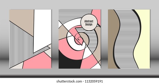 Covers Templates Set with Bauhaus and Graphic Geometric Elements. Placards Set with Handwritten Wavy Stripes, Triangles and Abstract Vector Shapes. Applicable for Brochures, Posters, Magazine, Layout.