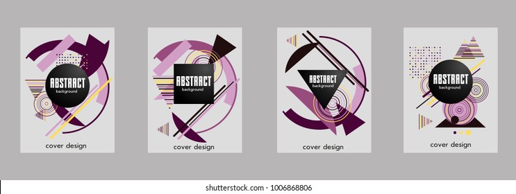 Covers templates set with bauhaus, memphis and hipster style graphic geometric elements. Applicable for placards, brochures, posters, covers and banners.