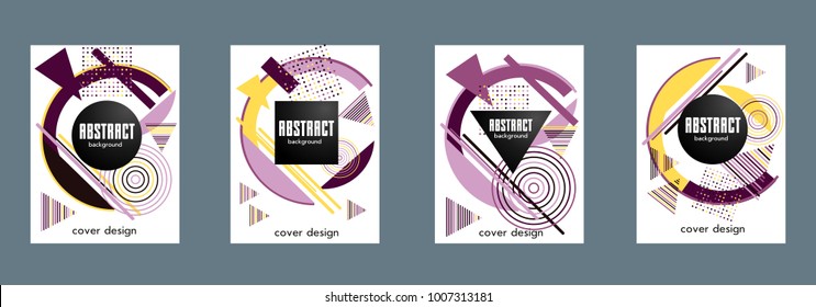 Covers templates set with bauhaus, memphis and hipster style graphic geometric elements. Applicable for placards, brochures, posters, covers and banners.