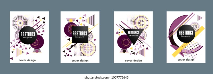 Covers templates set with bauhaus, memphis and hipster style graphic geometric elements. Applicable for placards, brochures, posters, covers and banners.