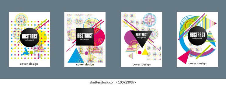 Covers templates set with bauhaus, memphis and hipster style graphic geometric elements. Applicable for placards, brochures, posters, covers and banners.