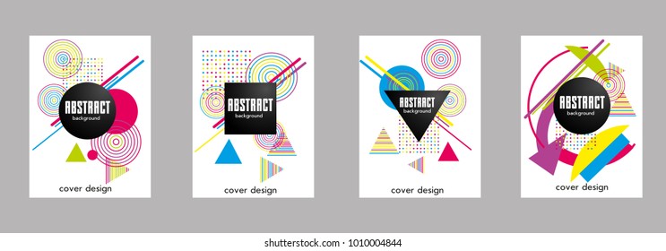 Covers templates set with bauhaus, memphis and hipster style graphic geometric elements. Applicable for placards, brochures, posters, covers and banners.