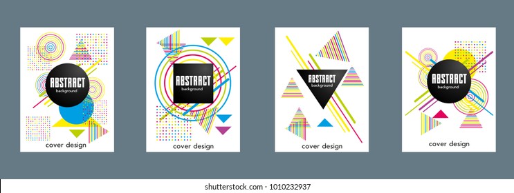 Covers templates set with bauhaus, memphis and hipster style graphic geometric elements. Applicable for placards, brochures, posters, covers and banners.