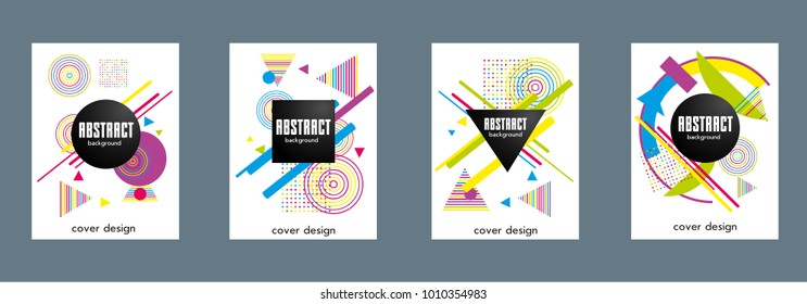 Covers templates set with bauhaus, memphis and hipster style graphic geometric elements. Applicable for placards, brochures, posters, covers and banners.
