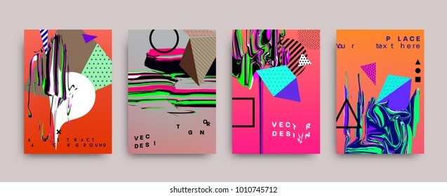 Covers templates set with bauhaus, memphis and hipster style graphic geometric and glitch elements. Applicable for placards, brochures, posters, covers and banners. Vector illustrations.