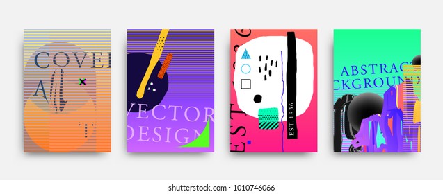 Cubre las plantillas establecidas con bauhaus, memphis y elementos gráficos de estilo hipster geométricos y de brillo. Aplicable a carteles, folletos, carteles, portadas y carteles. Ilustraciones vectoriales.