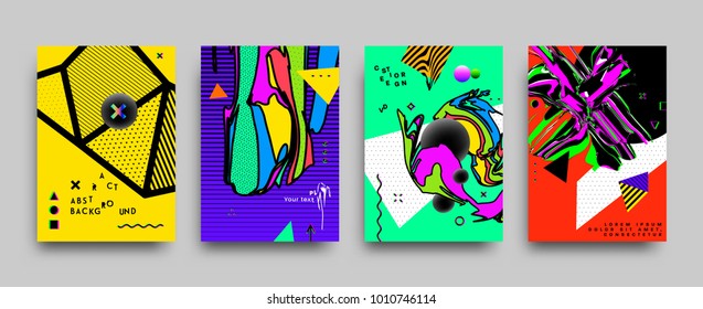 Covers templates set with bauhaus, memphis and hipster style graphic geometric and glitch elements. Applicable for placards, brochures, posters, covers and banners. Vector illustrations.