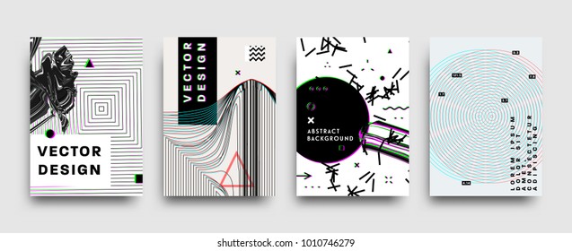 Covers templates set with bauhaus, memphis and hipster style graphic geometric and glitch elements. Applicable for placards, brochures, posters, covers and banners. Vector illustrations.