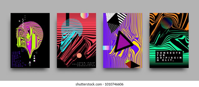 Covers templates set with bauhaus, memphis and hipster style graphic geometric and glitch elements. Applicable for placards, brochures, posters, covers and banners. Vector illustrations.