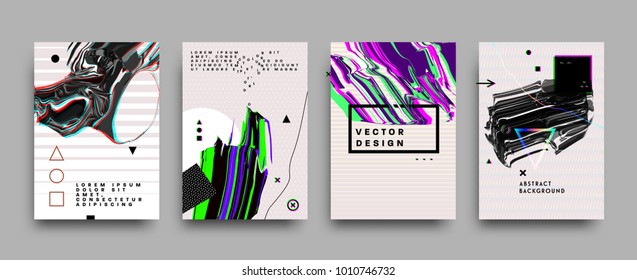 Covers Templates Set With Bauhaus, Memphis And Hipster Style Graphic Geometric And Glitch Elements. Applicable For Placards, Brochures, Posters, Covers And Banners. Vector Illustrations.