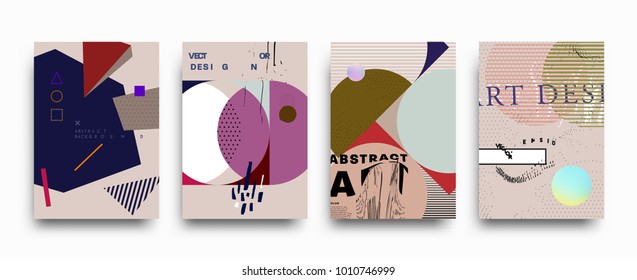 Covers templates set with bauhaus, memphis and hipster style graphic geometric and glitch elements. Applicable for placards, brochures, posters, covers and banners. Vector illustrations.