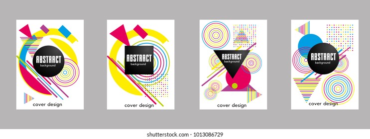 Covers templates set with bauhaus, memphis and hipster style graphic geometric elements. Applicable for placards, brochures, posters, covers and banners.